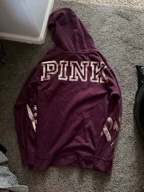 Victoria's Secret PINK Burgundy Pullover Hoodie with Rose Gold Sequin Logo
